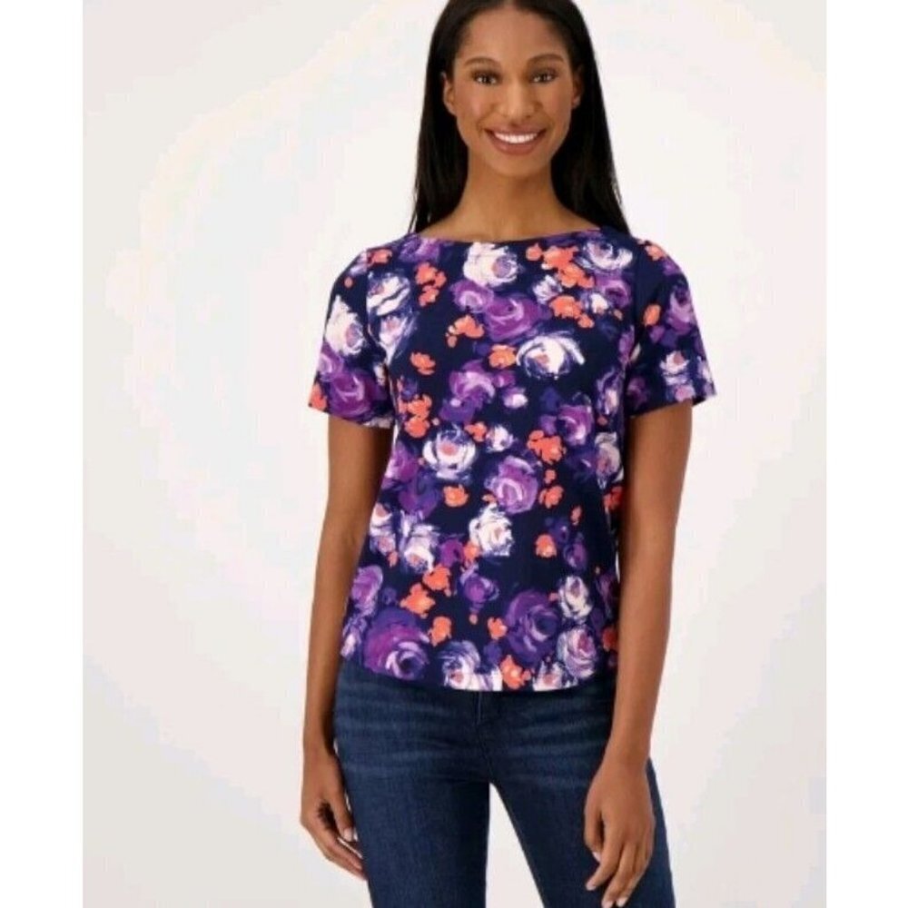 Isaac Mizrahi Live! Printed Pebble Knit Short Sleeve Top Dark Navy, X-Small